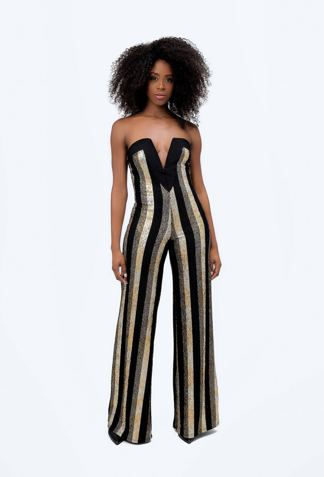 Black and gold striped jumpsuit online